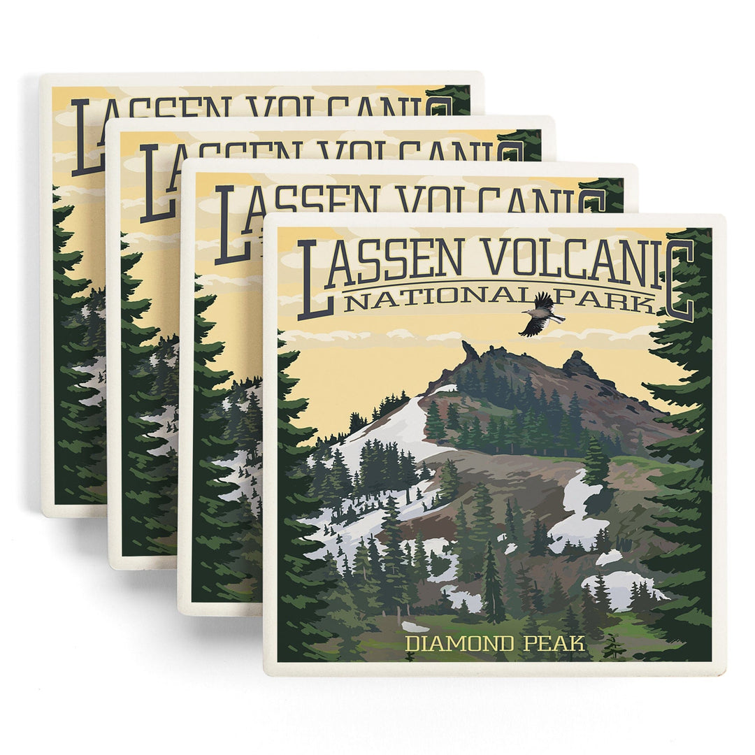 Lassen Volcanic National Park, California, Diamond Peak, Lantern Press Artwork, Coaster Set - Lantern Press