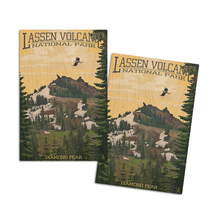 Lassen Volcanic National Park, California, Diamond Peak, Lantern Press Artwork, Wood Signs and Postcards Wood Lantern Press 4x6 Wood Postcard Set 