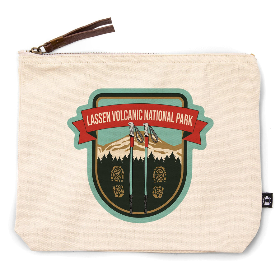 Lassen Volcanic National Park, California, Hiking Poles and Shoe Prints,, Organic Cotton Zipper Pouch, Go Bag Go Bag Lantern Press 