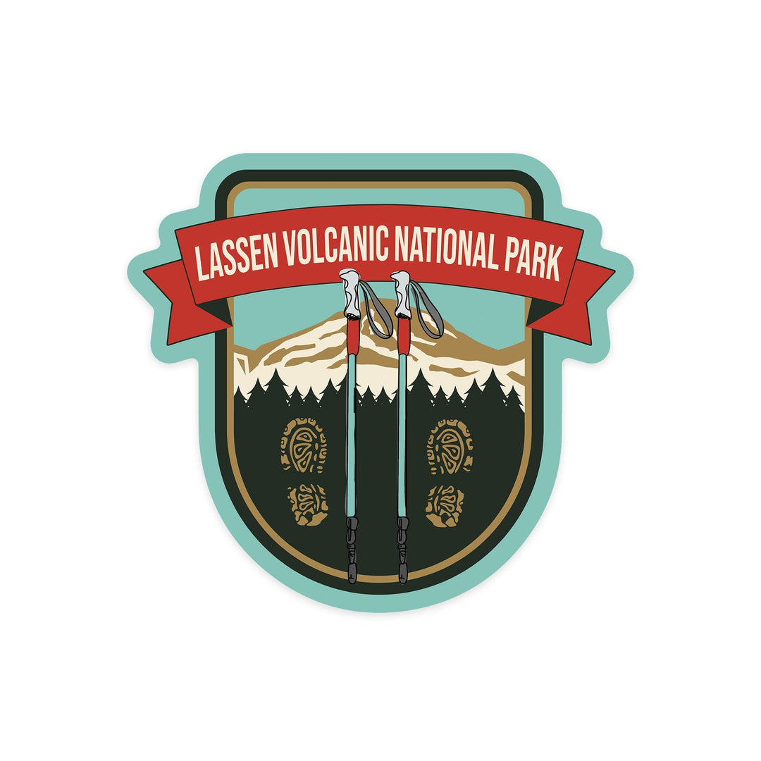 Lassen Volcanic National Park, California, Hiking Poles & Shoe Prints, Contour, Lantern Press Artwork, Vinyl Sticker Sticker Lantern Press 