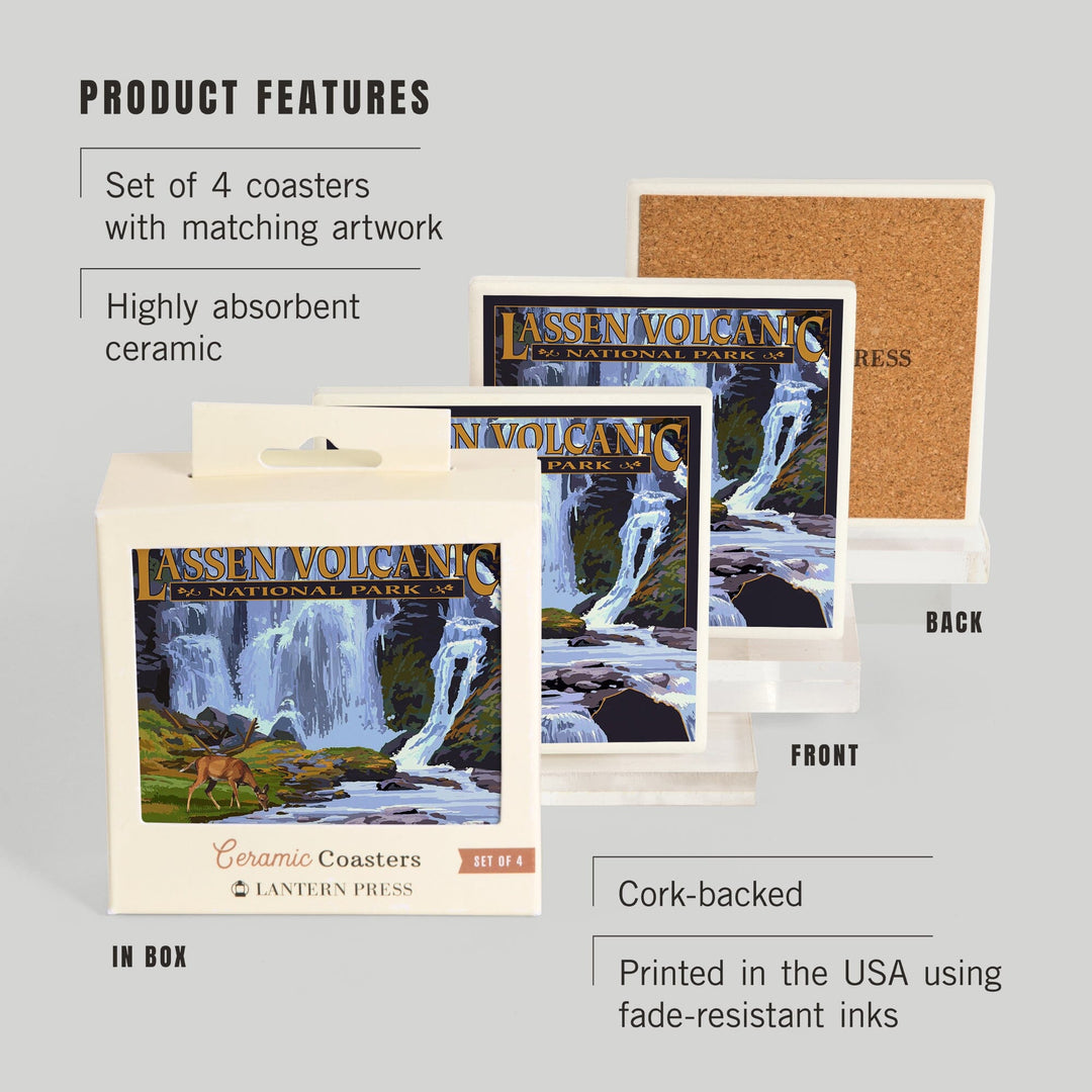 Lassen Volcanic National Park, California, Kings Creek Falls, Lantern Press Artwork, Coaster Set - Lantern Press