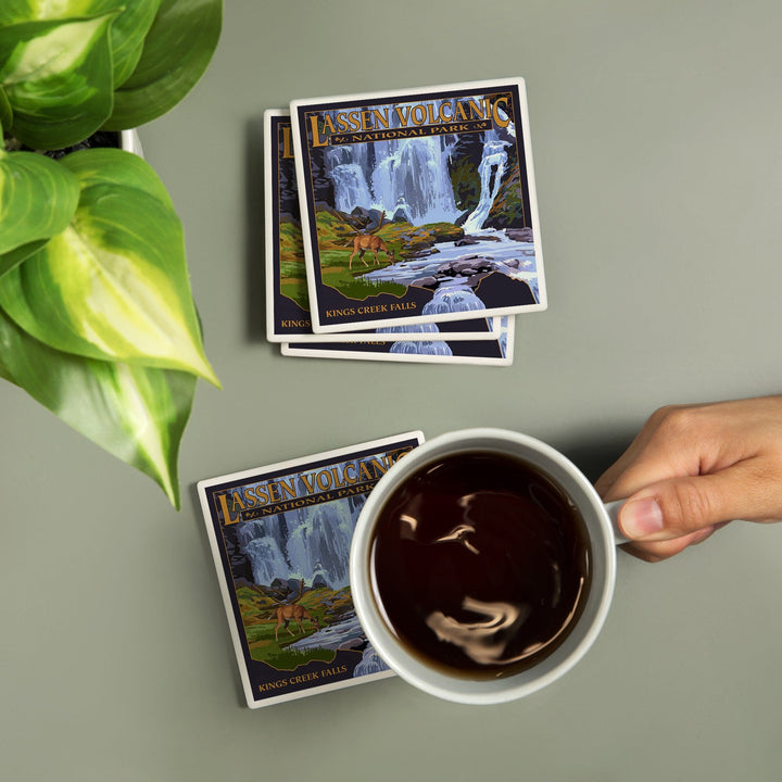 Lassen Volcanic National Park, California, Kings Creek Falls, Lantern Press Artwork, Coaster Set - Lantern Press