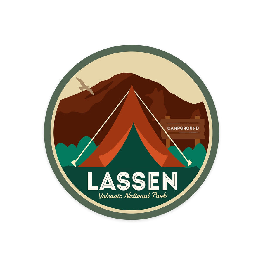 Lassen Volcanic National Park, California, Off the Grid, Tent, Contour, Green Bkgrd, Lantern Press Artwork, Vinyl Sticker Sticker Lantern Press 