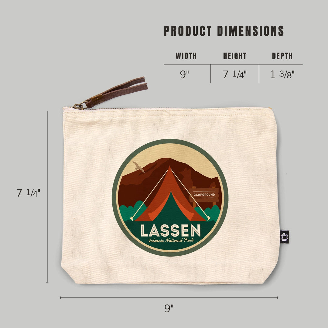 Lassen Volcanic National Park, California, Off the Grid, Tent, , Green Bkgrd, Organic Cotton Zipper Pouch, Go Bag Go Bag Lantern Press 