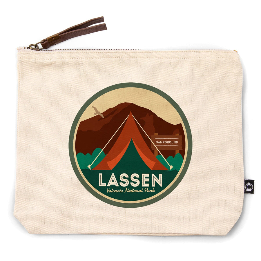 Lassen Volcanic National Park, California, Off the Grid, Tent, , Green Bkgrd, Organic Cotton Zipper Pouch, Go Bag Go Bag Lantern Press 
