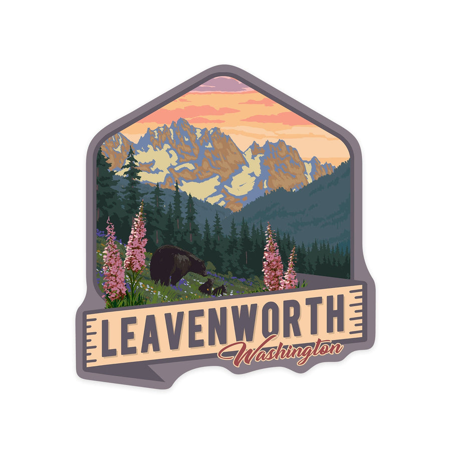 Leavenworth, Washington, Bear and Spring Flowers, Contour, Lantern Press Artwork, Vinyl Sticker Sticker Lantern Press 
