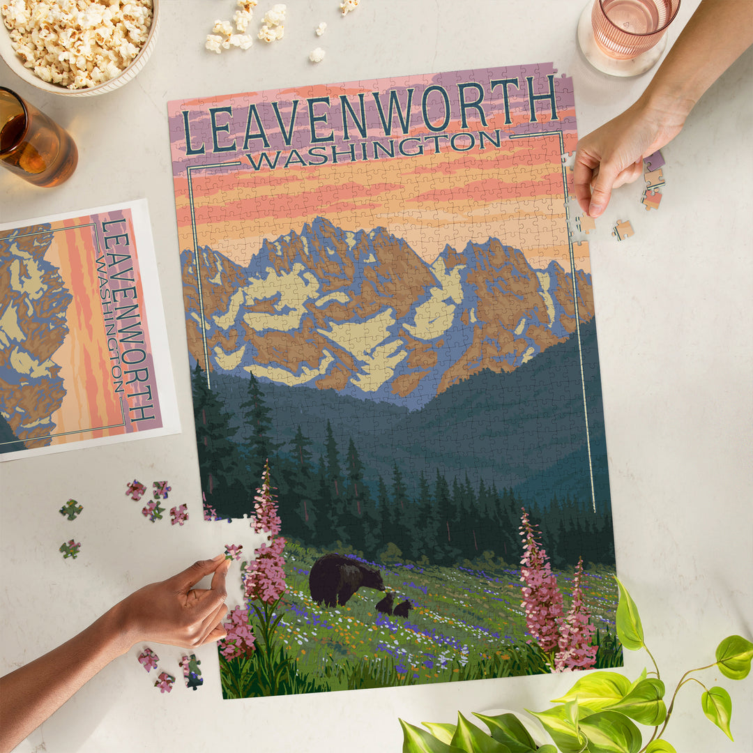 Leavenworth, Washington, Bear and Spring Flowers, Jigsaw Puzzle Puzzle Lantern Press 