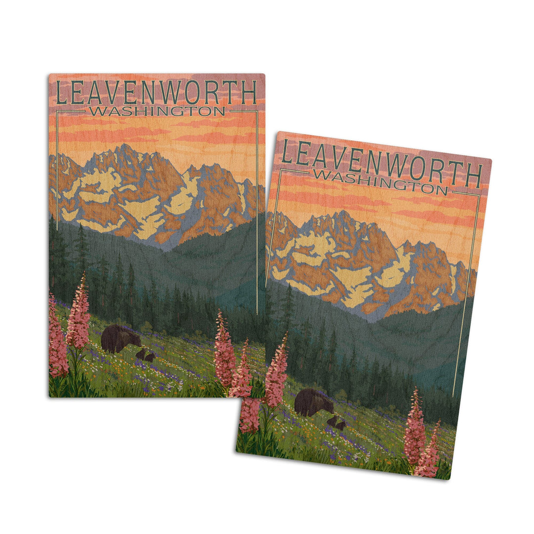 Leavenworth, Washington, Bear and Spring Flowers, Lantern Press Artwork, Wood Signs and Postcards Wood Lantern Press 4x6 Wood Postcard Set 