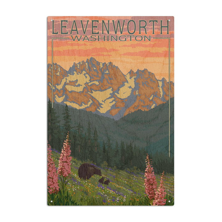 Leavenworth, Washington, Bear and Spring Flowers, Lantern Press Artwork, Wood Signs and Postcards Wood Lantern Press 6x9 Wood Sign 