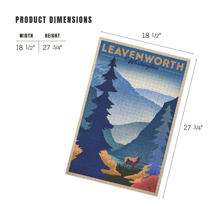 Leavenworth, Washington, Elk and Mountain Scene, Lithograph, Jigsaw Puzzle Puzzle Lantern Press 