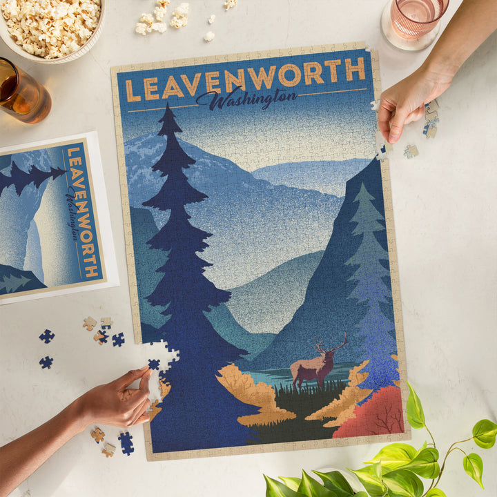 Leavenworth, Washington, Elk and Mountain Scene, Lithograph, Jigsaw Puzzle Puzzle Lantern Press 
