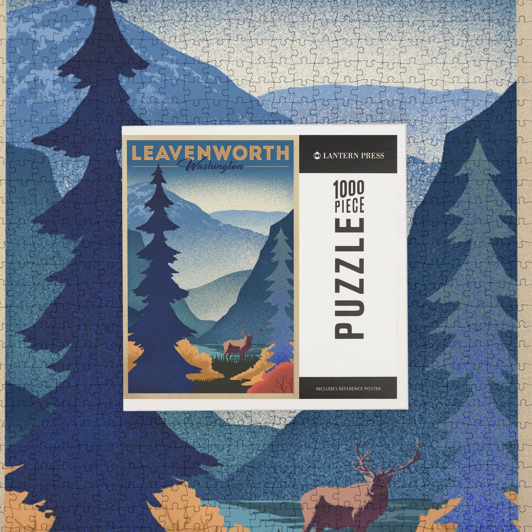 Leavenworth, Washington, Elk and Mountain Scene, Lithograph, Jigsaw Puzzle Puzzle Lantern Press 