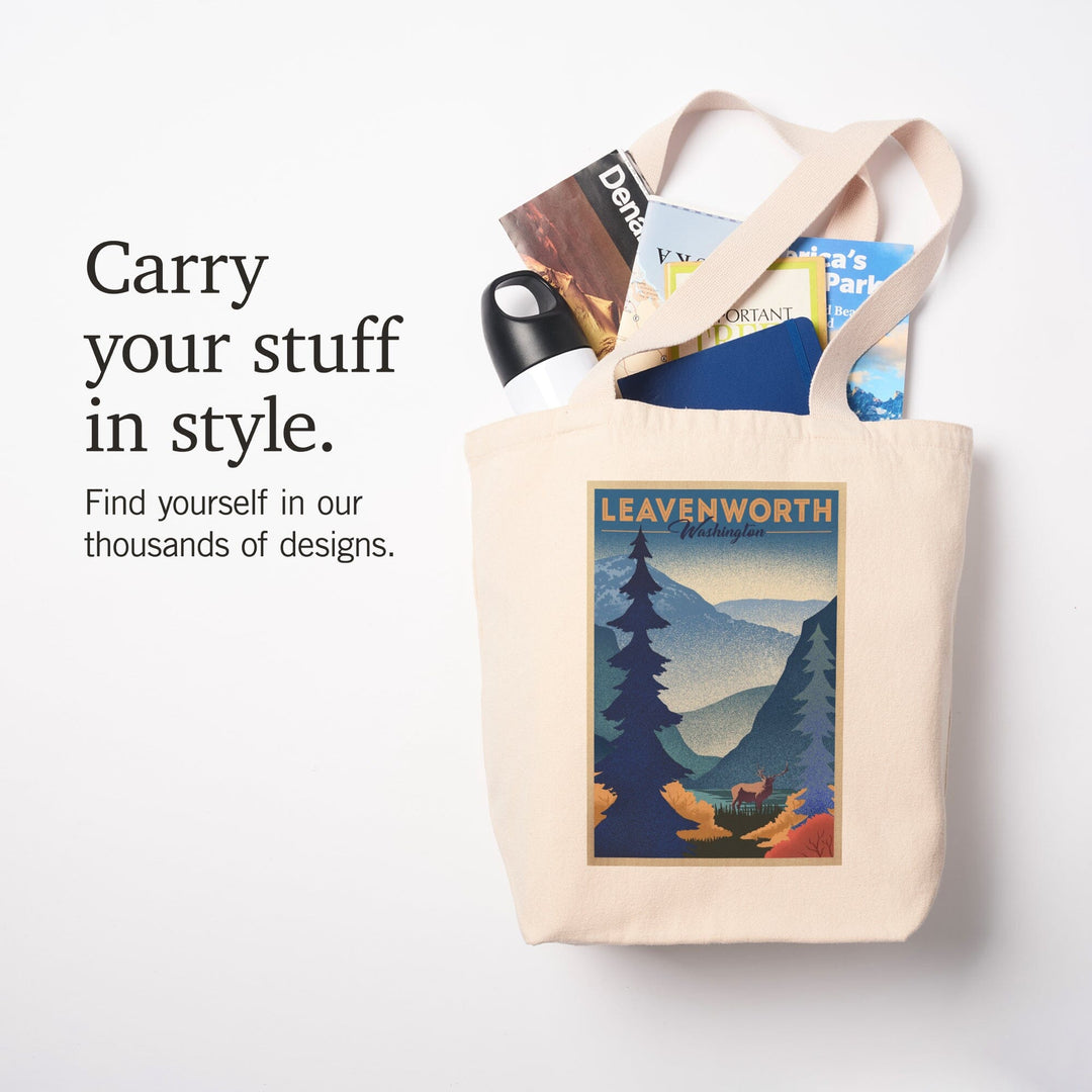 Leavenworth, Washington, Elk and Mountain Scene, Lithograph, Tote Bag Totes Lantern Press 
