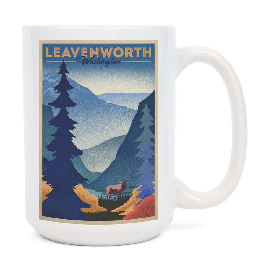 Leavenworth, Washington, Elk & Mountain Scene, Lithograph, Lantern Press Artwork, Ceramic Mug Mugs Lantern Press 