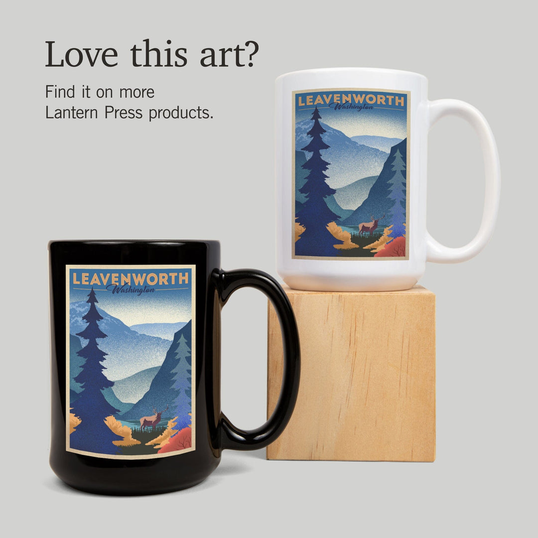 Leavenworth, Washington, Elk & Mountain Scene, Lithograph, Lantern Press Artwork, Ceramic Mug Mugs Lantern Press 