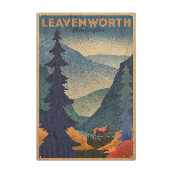 Leavenworth, Washington, Elk & Mountain Scene, Lithograph, Lantern Press Artwork, Wood Signs and Postcards Wood Lantern Press 10 x 15 Wood Sign 