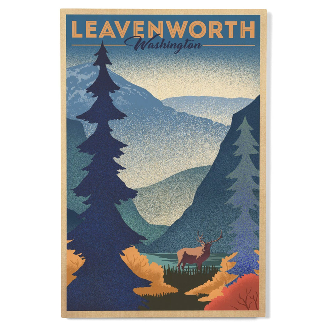 Leavenworth, Washington, Elk & Mountain Scene, Lithograph, Lantern Press Artwork, Wood Signs and Postcards Wood Lantern Press 