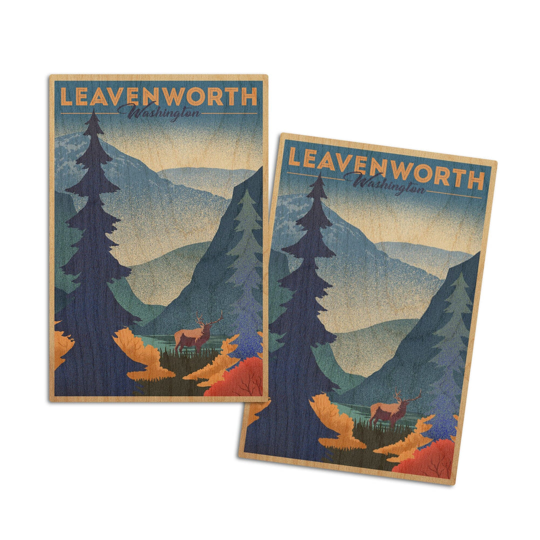 Leavenworth, Washington, Elk & Mountain Scene, Lithograph, Lantern Press Artwork, Wood Signs and Postcards Wood Lantern Press 4x6 Wood Postcard Set 