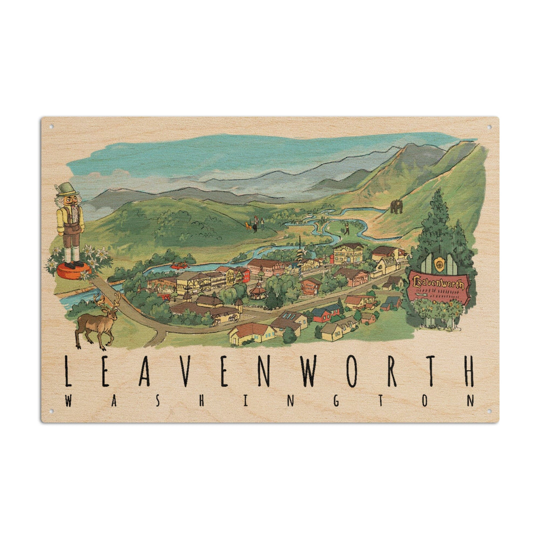 Leavenworth, Washington, Line Drawing, Lantern Press Artwork, Wood Signs and Postcards Wood Lantern Press 10 x 15 Wood Sign 