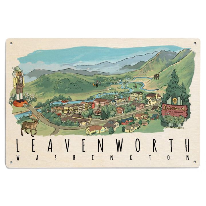 Leavenworth, Washington, Line Drawing, Lantern Press Artwork, Wood Signs and Postcards Wood Lantern Press 