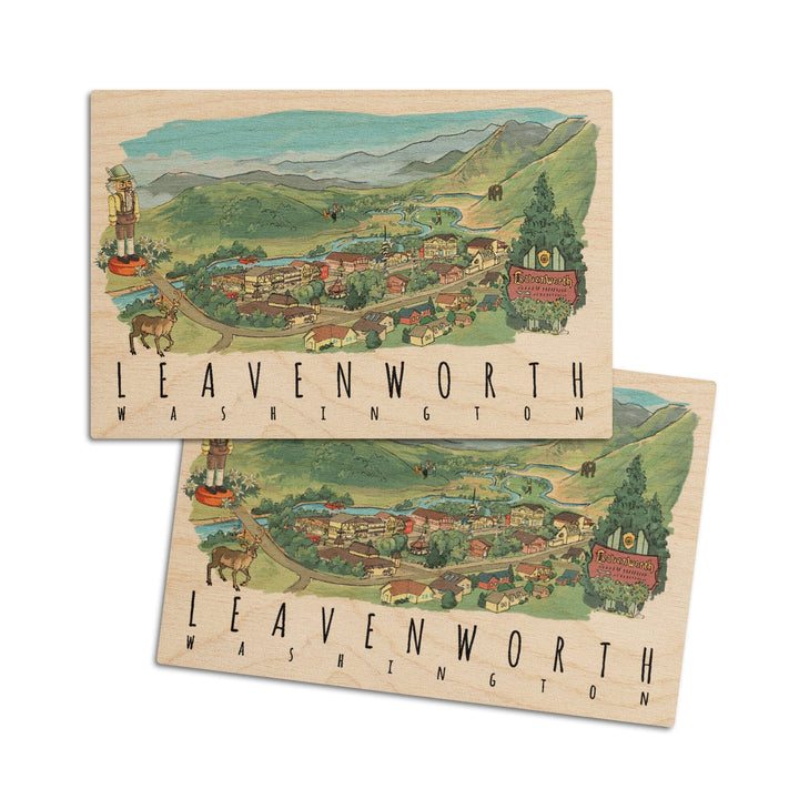 Leavenworth, Washington, Line Drawing, Lantern Press Artwork, Wood Signs and Postcards Wood Lantern Press 4x6 Wood Postcard Set 