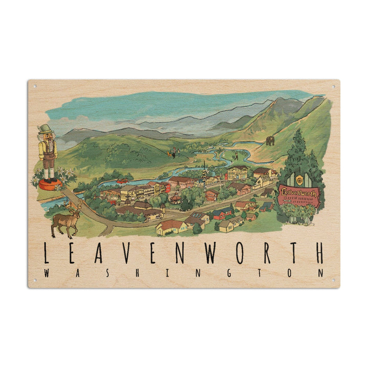 Leavenworth, Washington, Line Drawing, Lantern Press Artwork, Wood Signs and Postcards Wood Lantern Press 6x9 Wood Sign 