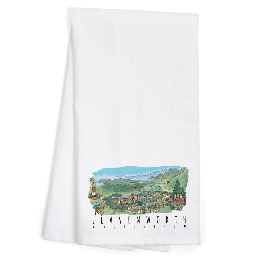 Leavenworth, Washington, Line Drawing, Organic Cotton Kitchen Tea Towels Kitchen Lantern Press 