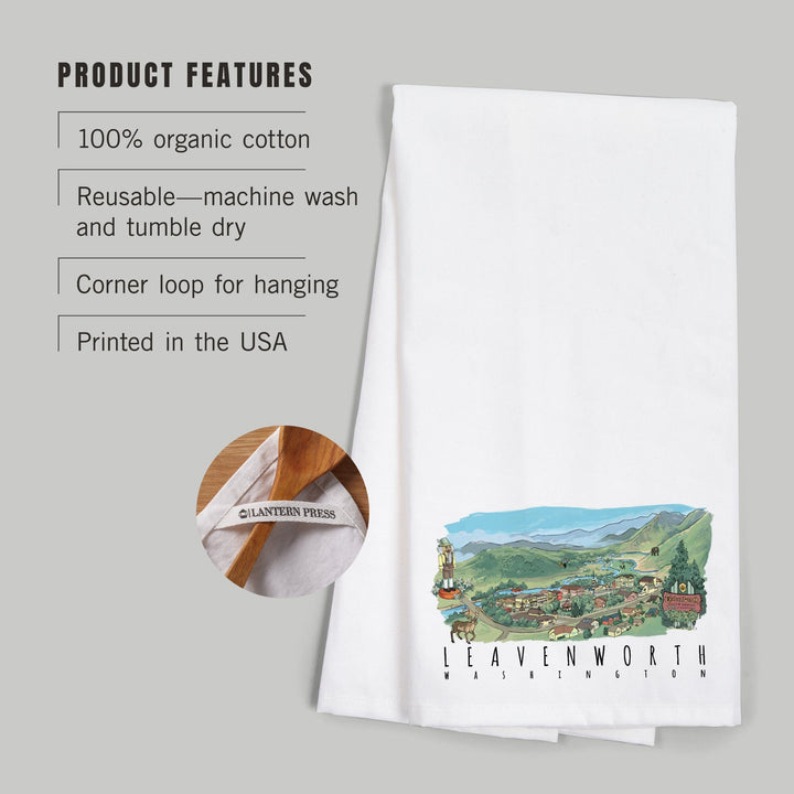 Leavenworth, Washington, Line Drawing, Organic Cotton Kitchen Tea Towels Kitchen Lantern Press 