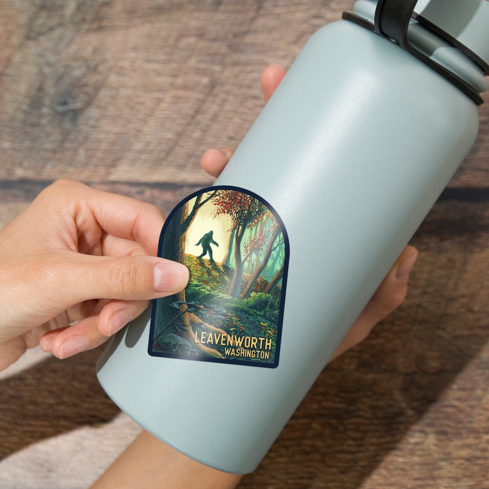 Leavenworth, Washington, Wanderer, Bigfoot in Forest, Contour, Vinyl Sticker Sticker Lantern Press 