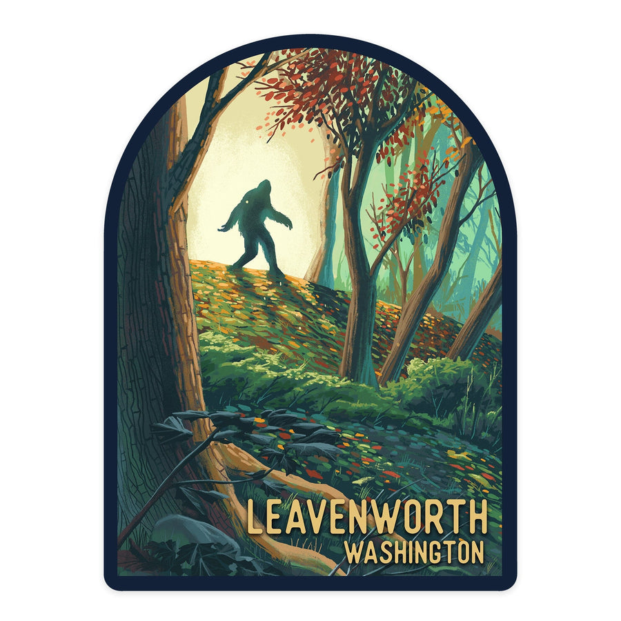 Leavenworth, Washington, Wanderer, Bigfoot in Forest, Contour, Vinyl Sticker Sticker Lantern Press 