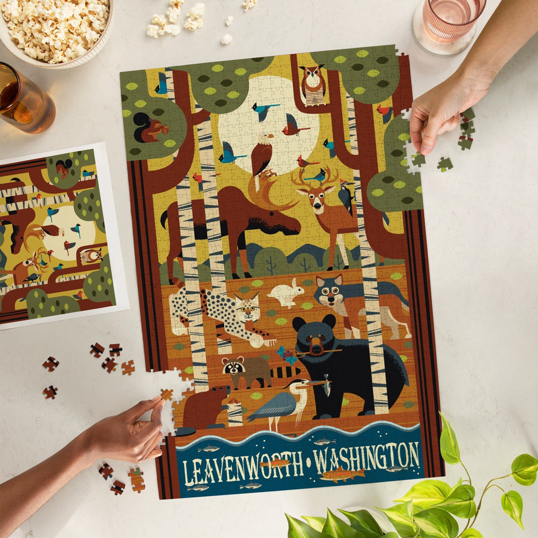 Leavenworth, Washington, Woodland Animals, Geometric, Jigsaw Puzzle Puzzle Lantern Press 