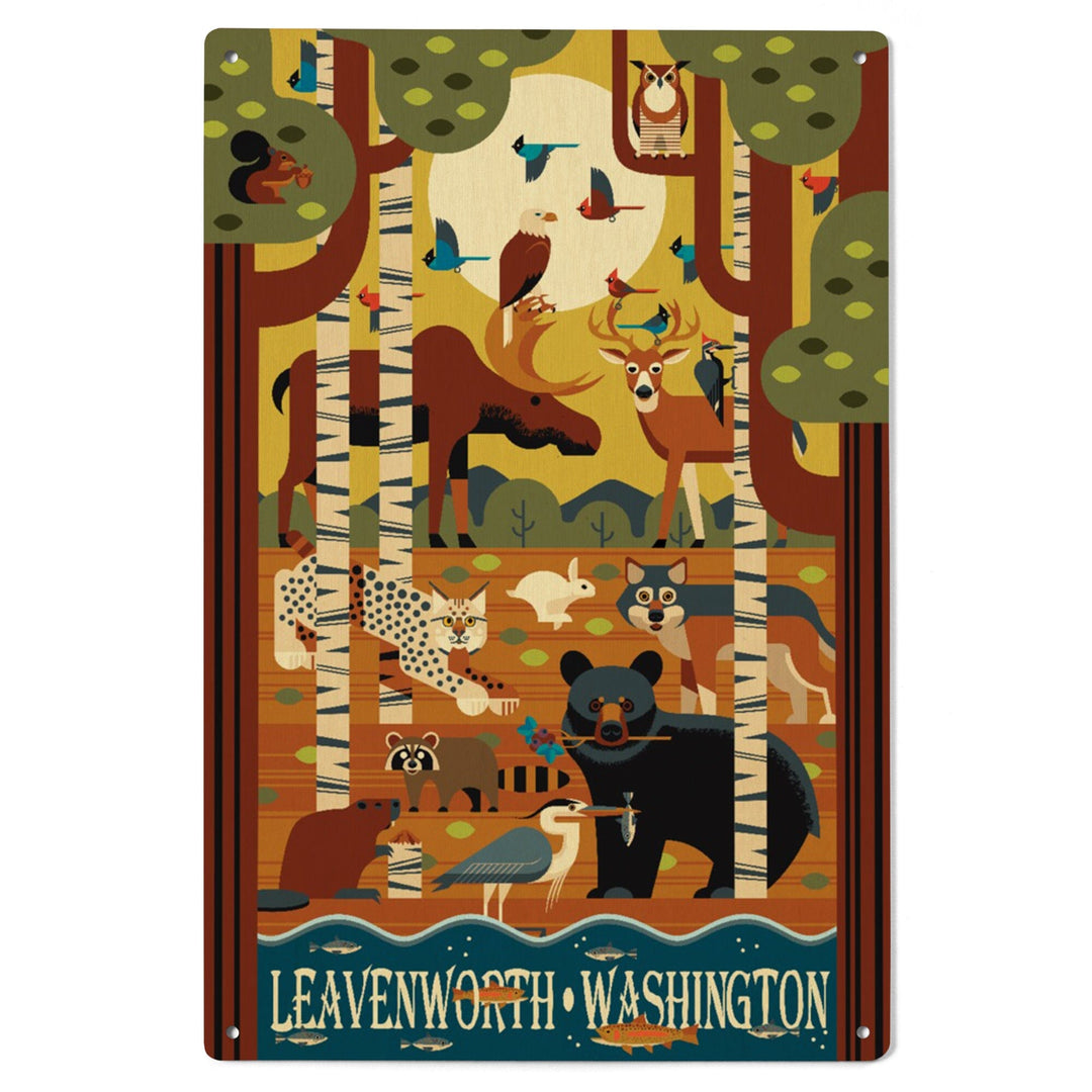 Leavenworth, Washington, Woodland Animals, Geometric, Lantern Press Artwork, Wood Signs and Postcards Wood Lantern Press 