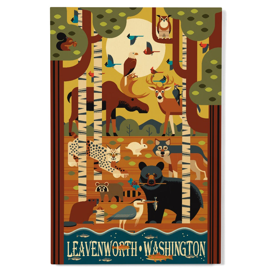 Leavenworth, Washington, Woodland Animals, Geometric, Lantern Press Artwork, Wood Signs and Postcards Wood Lantern Press 