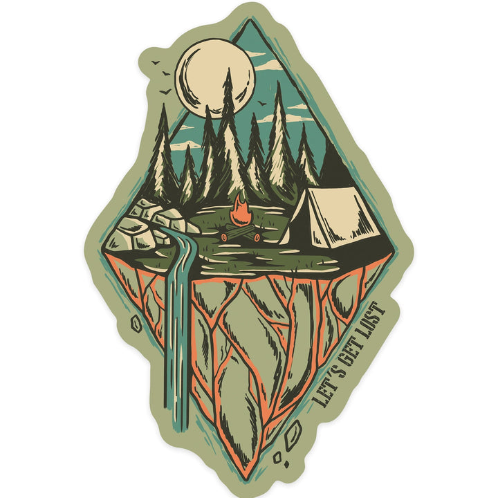 Let's Get Lost, Mountain Camping, Diamond, Contour, Lantern Press Artwork, Vinyl Sticker - Lantern Press