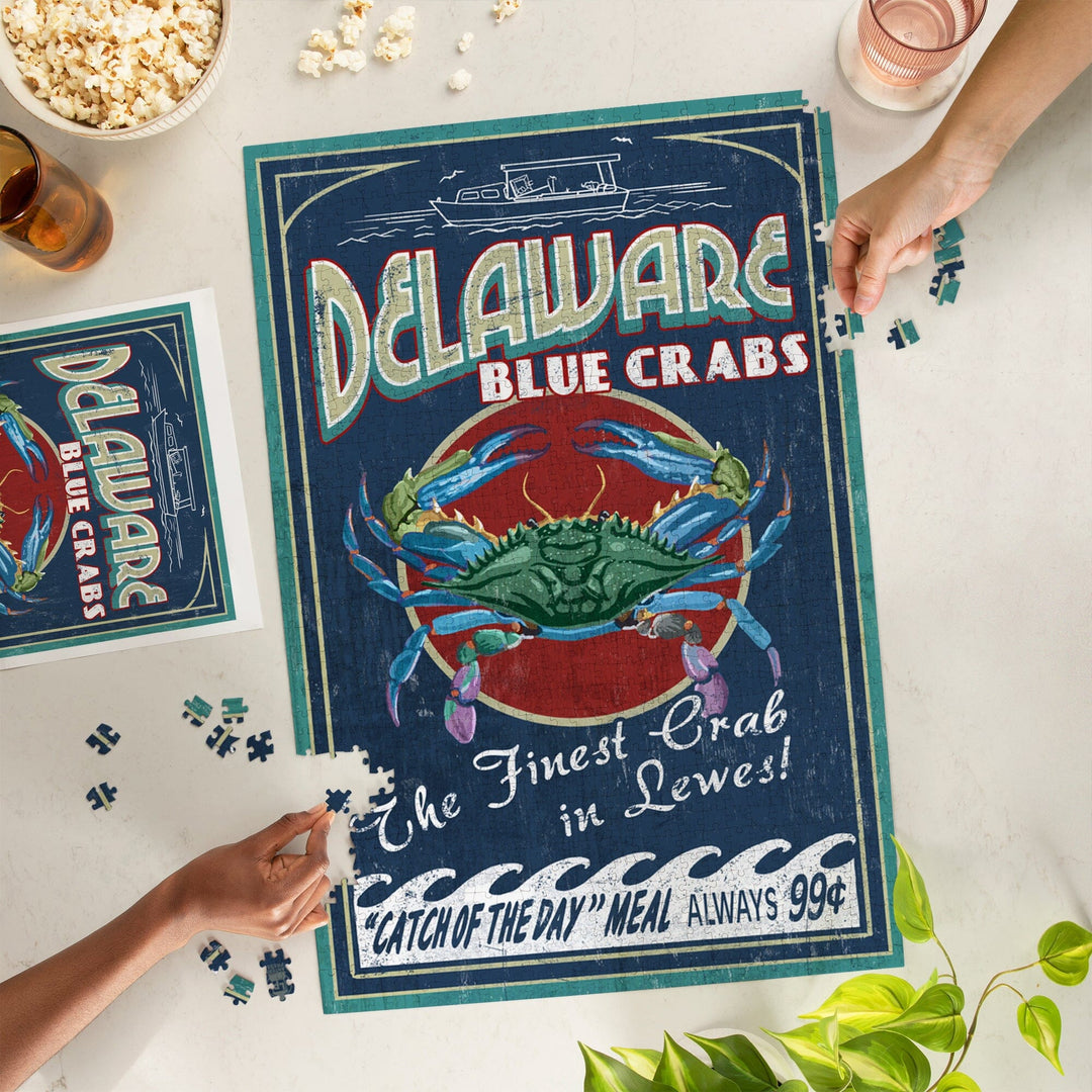 Lewes, Delaware, Blue Crabs Vintage Sign, Jigsaw Puzzle Puzzle Lantern Press 