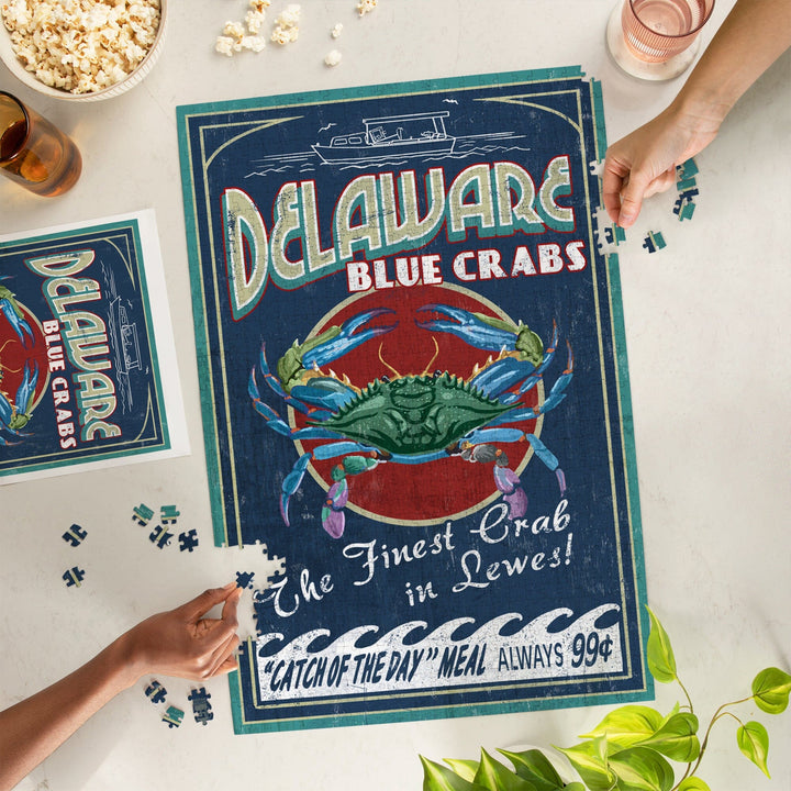 Lewes, Delaware, Blue Crabs Vintage Sign, Jigsaw Puzzle Puzzle Lantern Press 