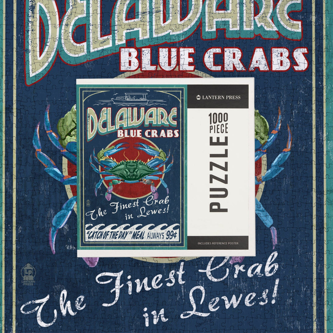 Lewes, Delaware, Blue Crabs Vintage Sign, Jigsaw Puzzle Puzzle Lantern Press 