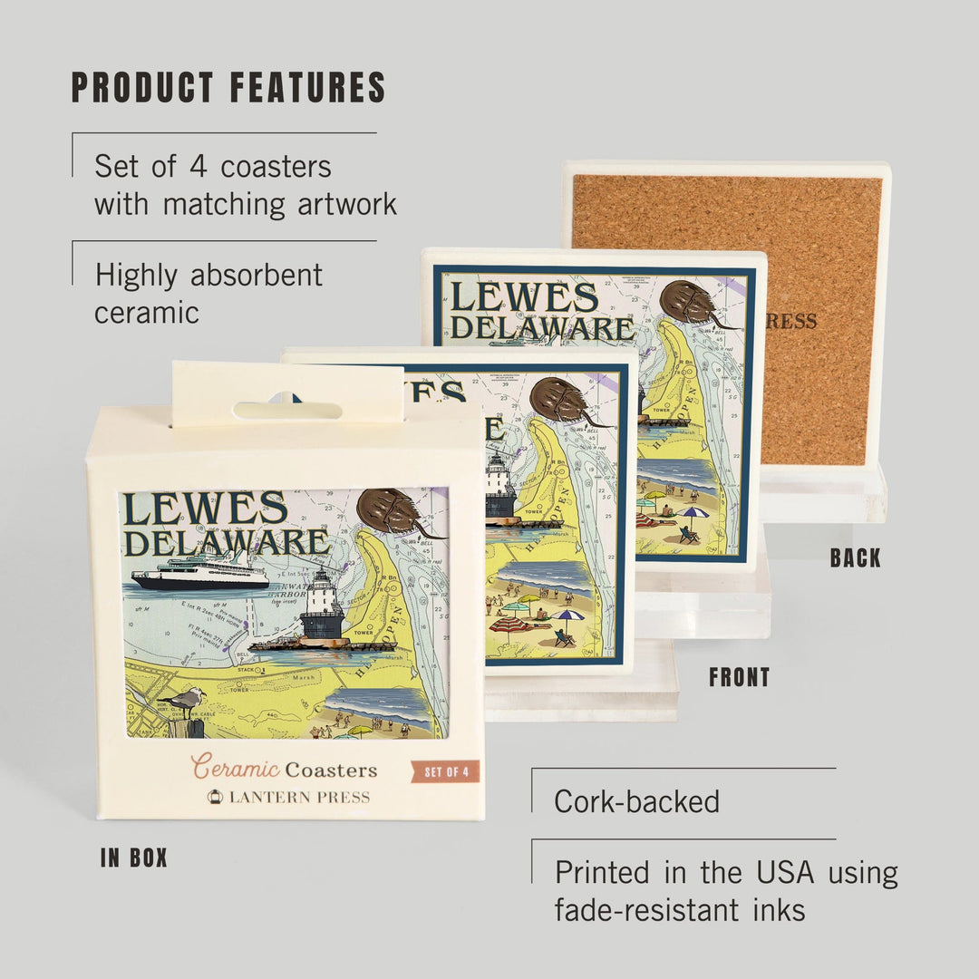 Lewes, Delaware, Nautical Chart, Lantern Press Artwork, Coaster Set - Lantern Press