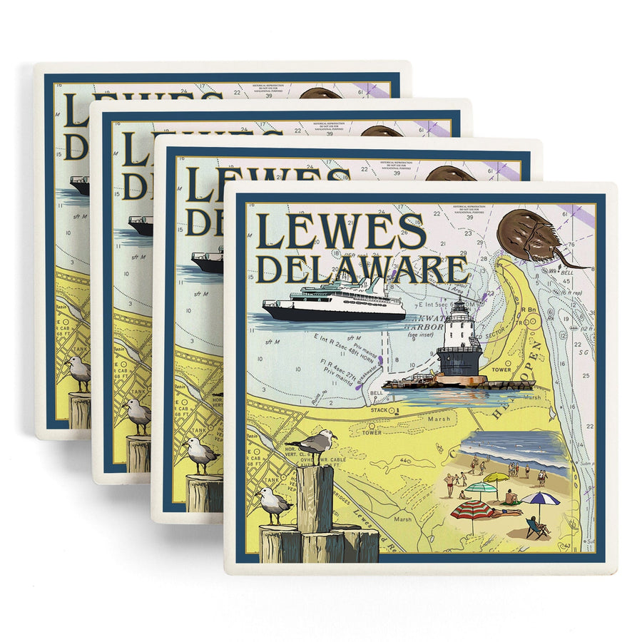 Lewes, Delaware, Nautical Chart, Lantern Press Artwork, Coaster Set - Lantern Press