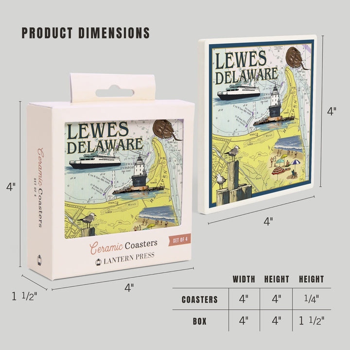 Lewes, Delaware, Nautical Chart, Lantern Press Artwork, Coaster Set - Lantern Press