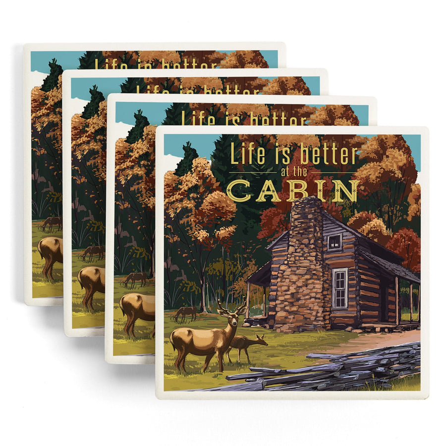 Life is Better at the Cabin, National Park WPA Sentiment, Lantern Press Artwork, Coaster Set - Lantern Press