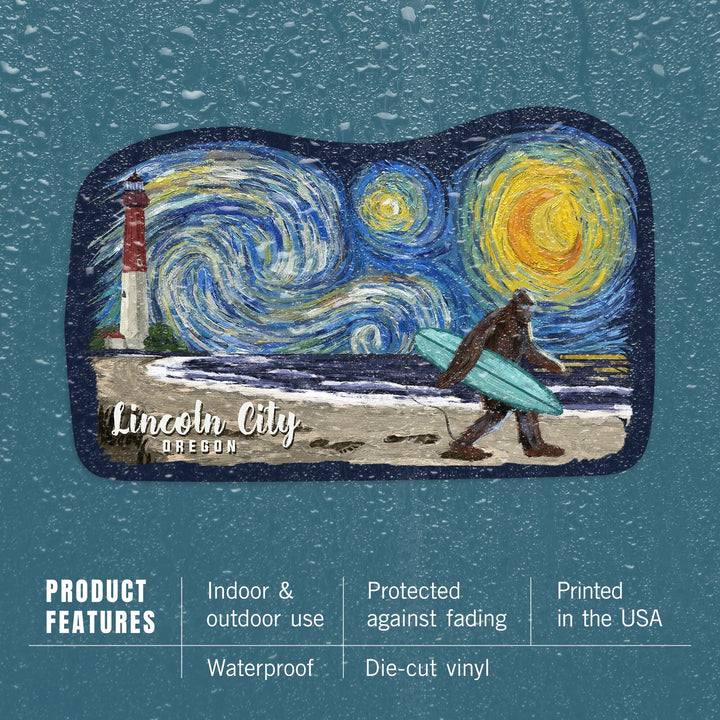 Lincoln City, Oregon, Van Gogh Starry Night, Bigfoot, Contour, Lantern Press Artwork, Vinyl Sticker - Lantern Press