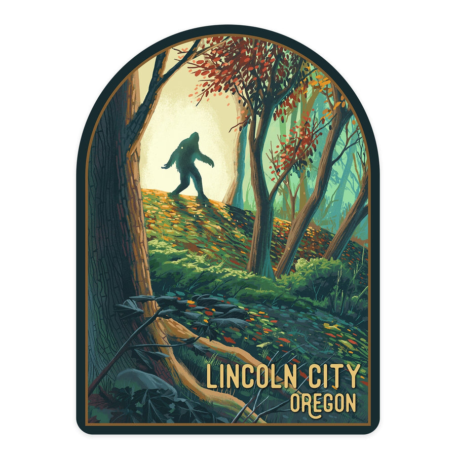 Lincoln City, Oregon, Wanderer, Bigfoot in Forest, Contour, Vinyl Sticker Sticker Lantern Press 