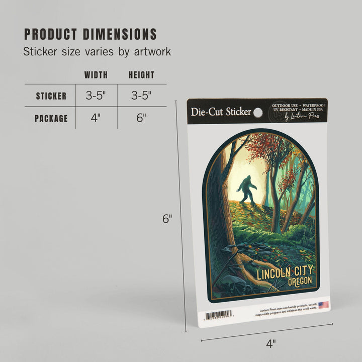 Lincoln City, Oregon, Wanderer, Bigfoot in Forest, Contour, Vinyl Sticker Sticker Lantern Press 