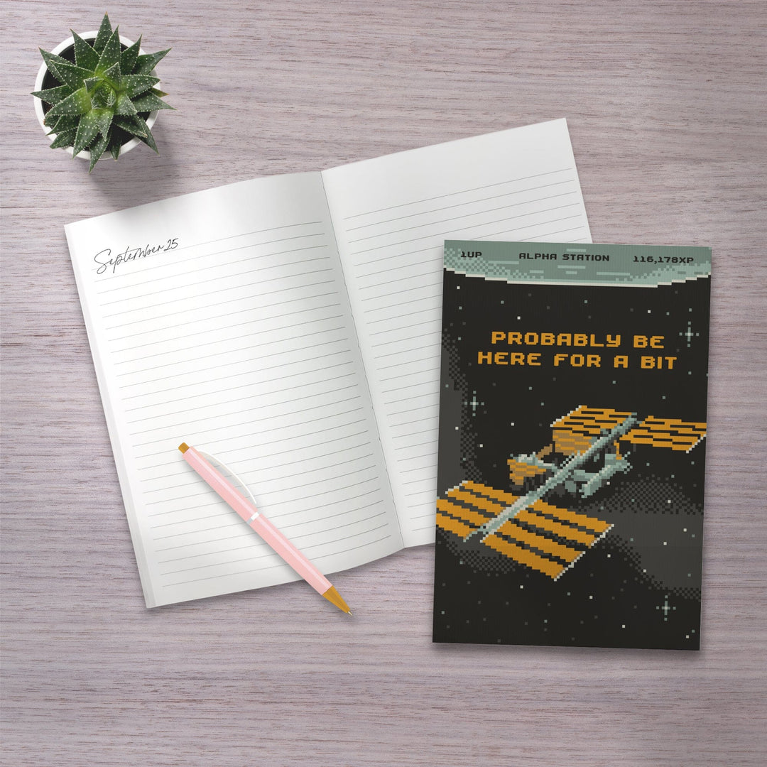 Lined 6x9 Journal, 8-Bit Space Collection, International Space Station, Probably Be Here For A Bit, Lay Flat, 193 Pages, FSC paper Home Lantern Press 