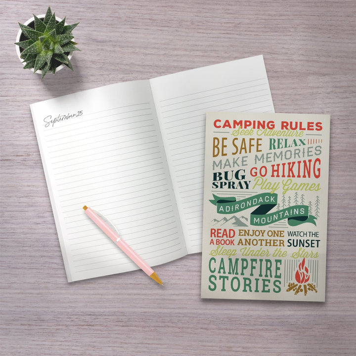 Lined 6x9 Journal, Adirondack Mountains, Camping Rules, Typography, Lay Flat, 193 Pages, FSC paper Home Lantern Press 