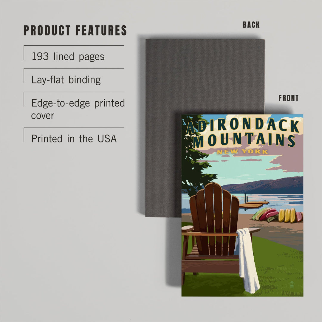 Lined 6x9 Journal, Adirondack Mountains, New York, Adirondack Chair and Lake, Lay Flat, 193 Pages, FSC paper Home Lantern Press 