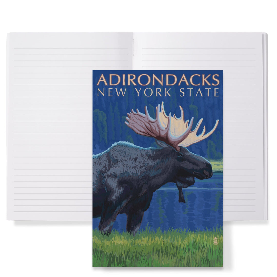 Lined 6x9 Journal, Adirondacks, New York, Moose at Night, Lay Flat, 193 Pages, FSC paper Home Lantern Press 