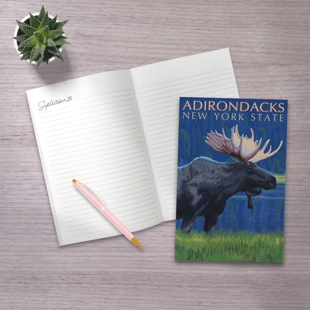 Lined 6x9 Journal, Adirondacks, New York, Moose at Night, Lay Flat, 193 Pages, FSC paper Home Lantern Press 