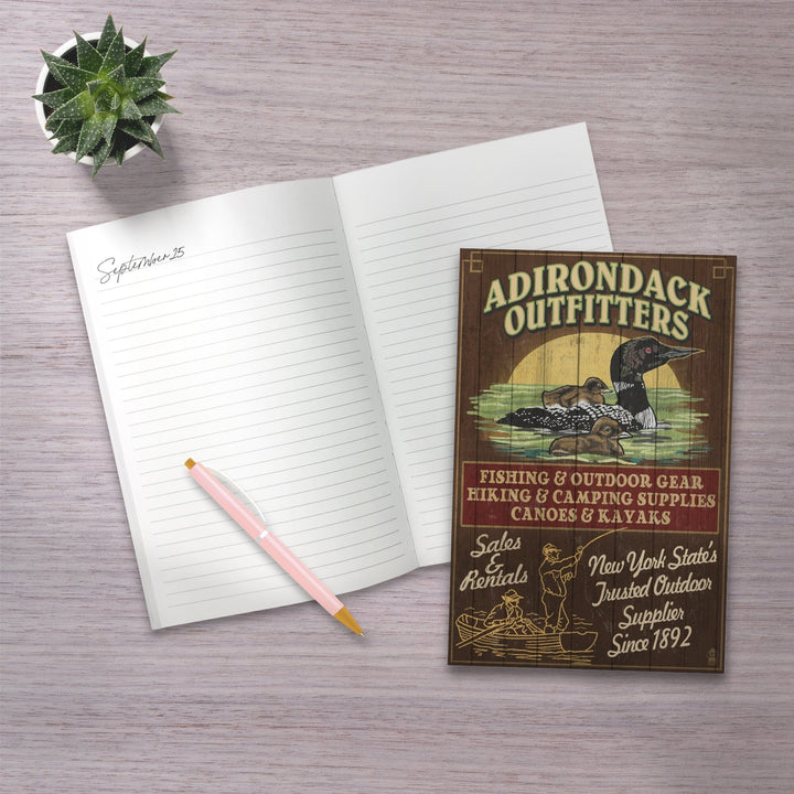 Lined 6x9 Journal, Adirondacks, New York State, Outfitters Vintage Sign Loon, Lay Flat, 193 Pages, FSC paper Home Lantern Press 